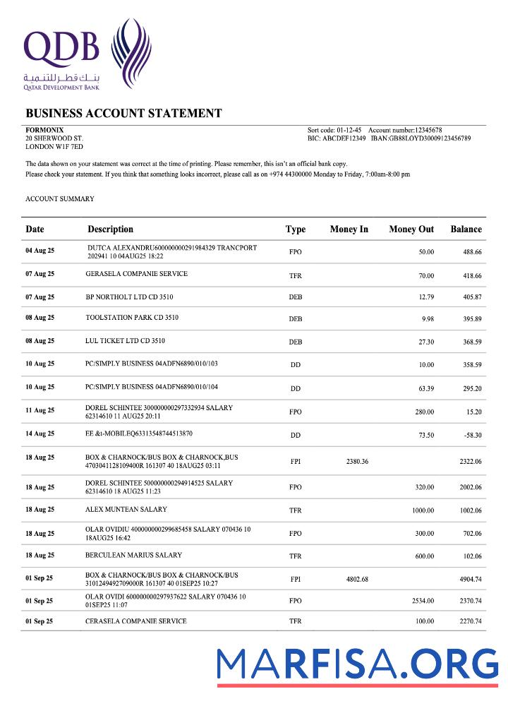 Printable Qatar Development organization checking account statement Word and PDF template